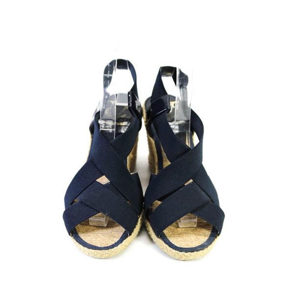 VC Signature Womens Leather Elastic Strappy Espadrille Wedges Blue Tan Size 7 - Picture 2 of 6